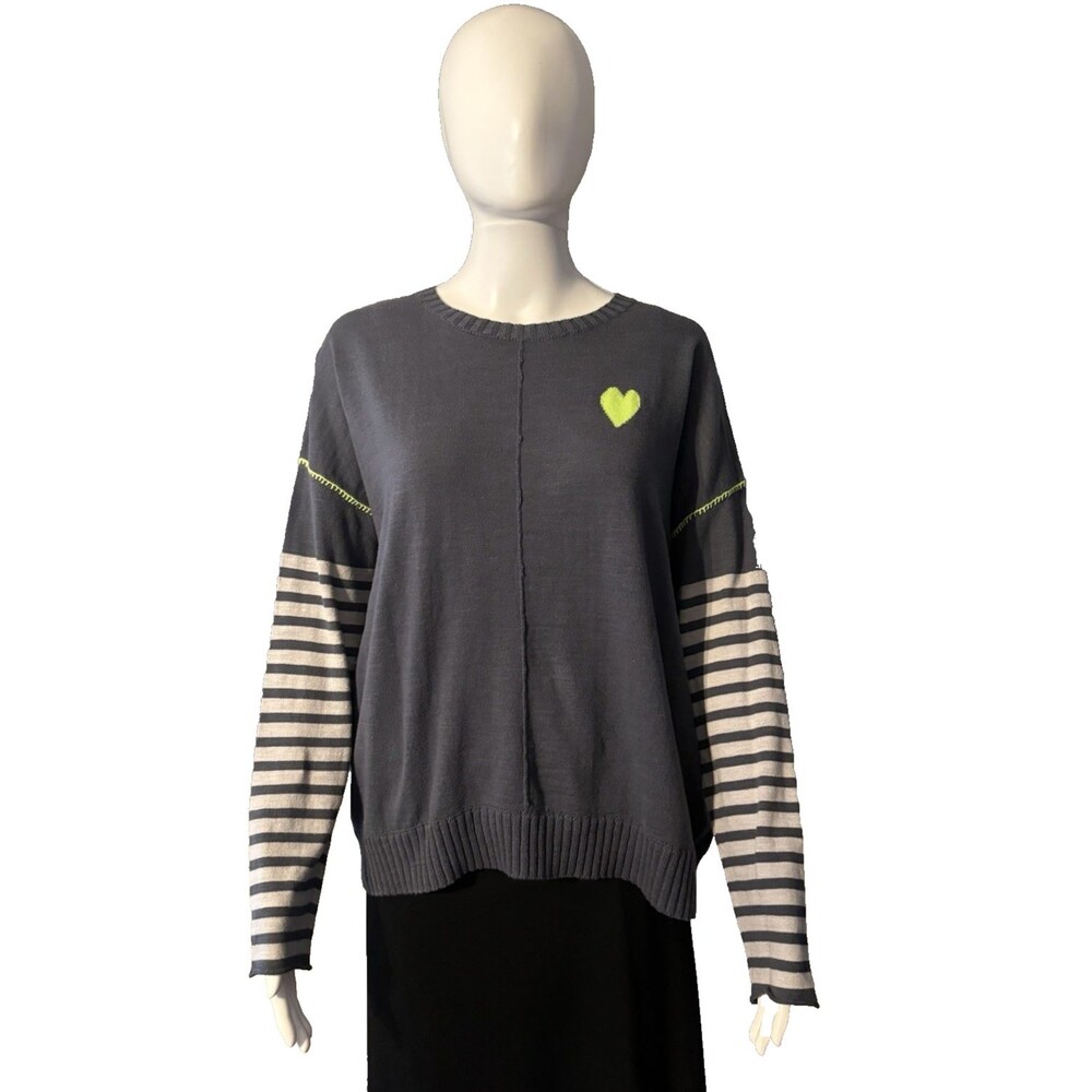 Lisa Todd Gray Love On The Run Lime Green Heart Cotton Sweater Stripe Cozy SZ M